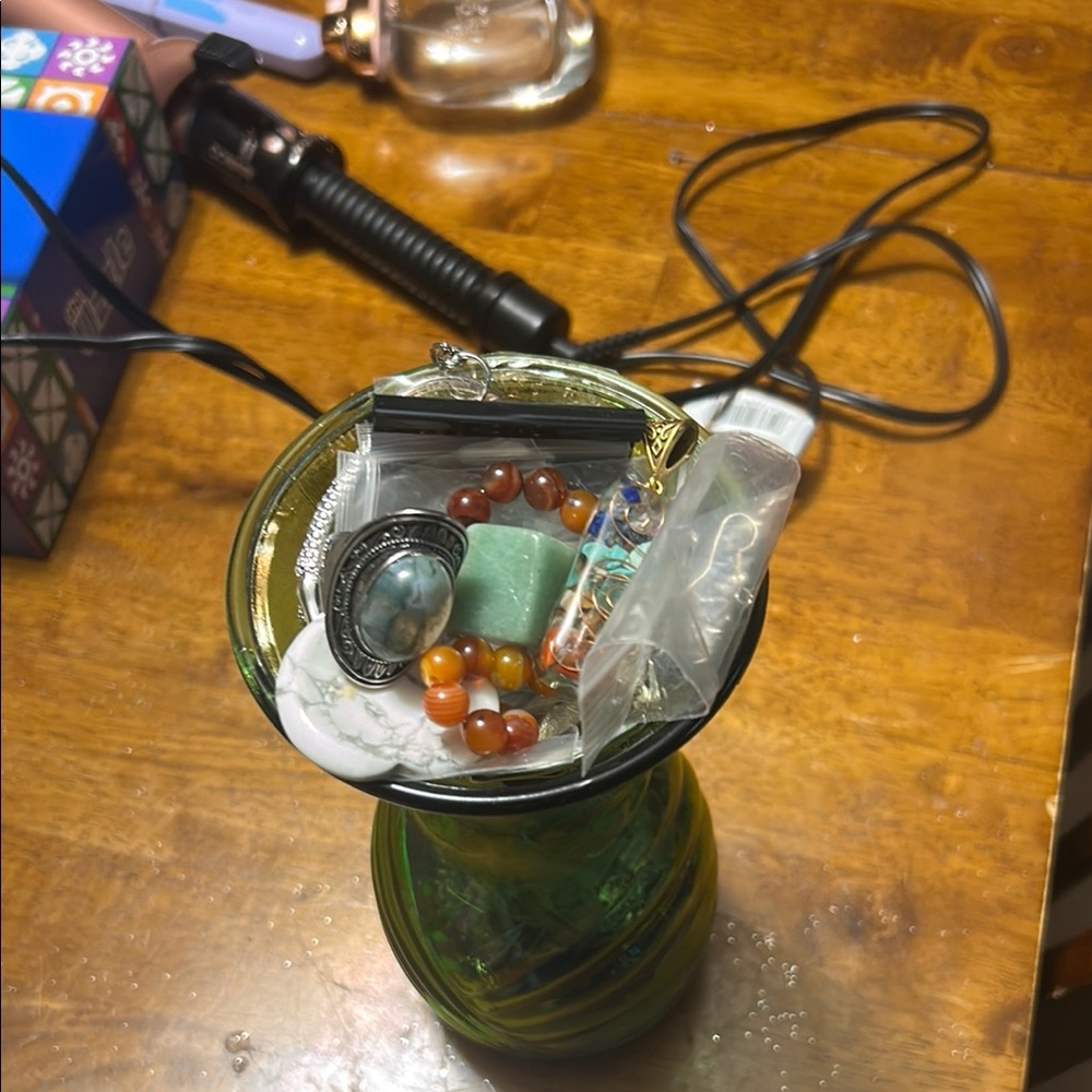 Green Glass Vase with Assorted Stones